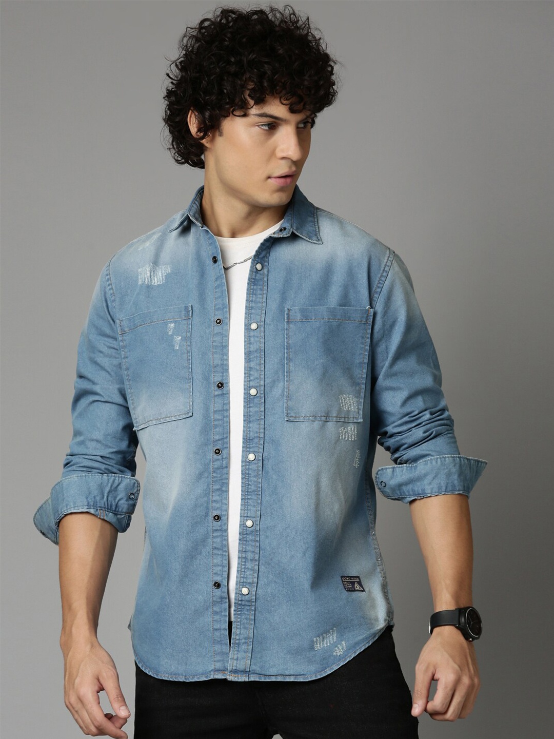 

OOKO KAKA Slim Fit Faded Denim Casual Shirt, Blue