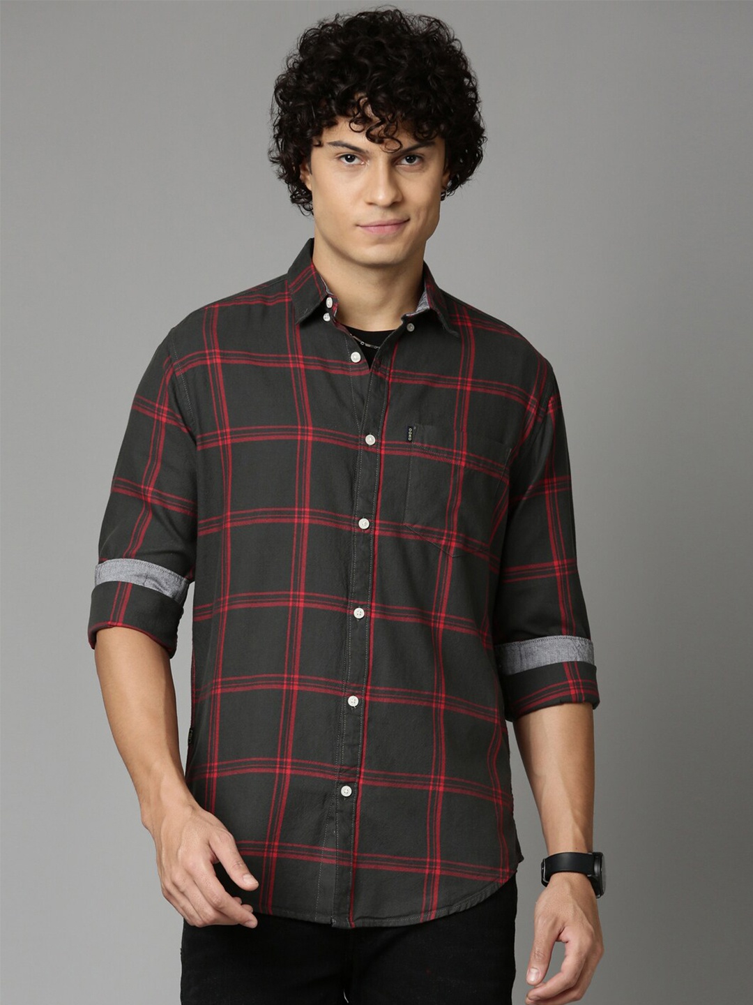 

OOKO KAKA Slim Fit Tartan Checks Pure Cotton Casual Shirt, Red
