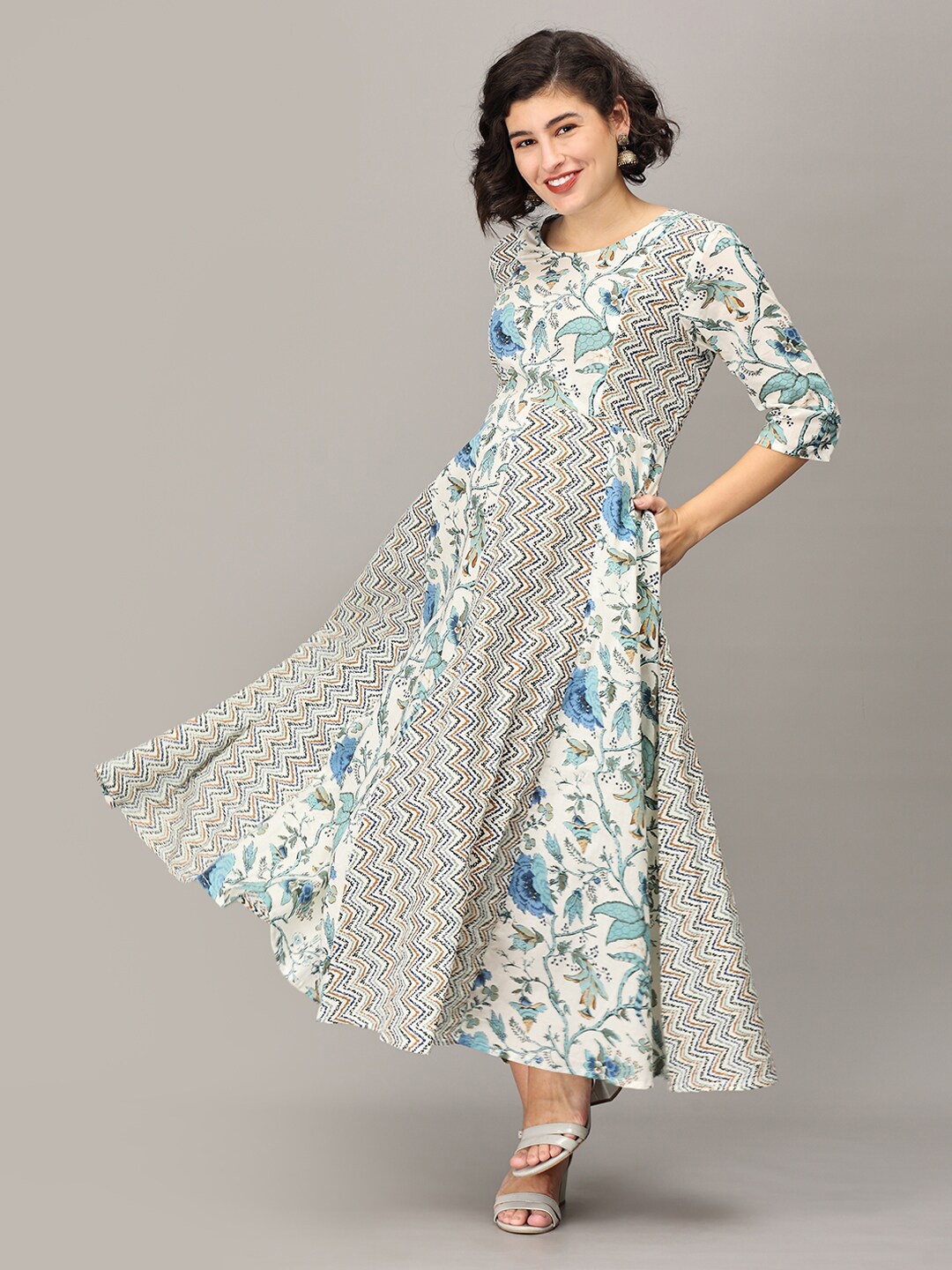 

The Mom Store Floral Printed Round Neck Cotton A-Line Maternity Dress, White