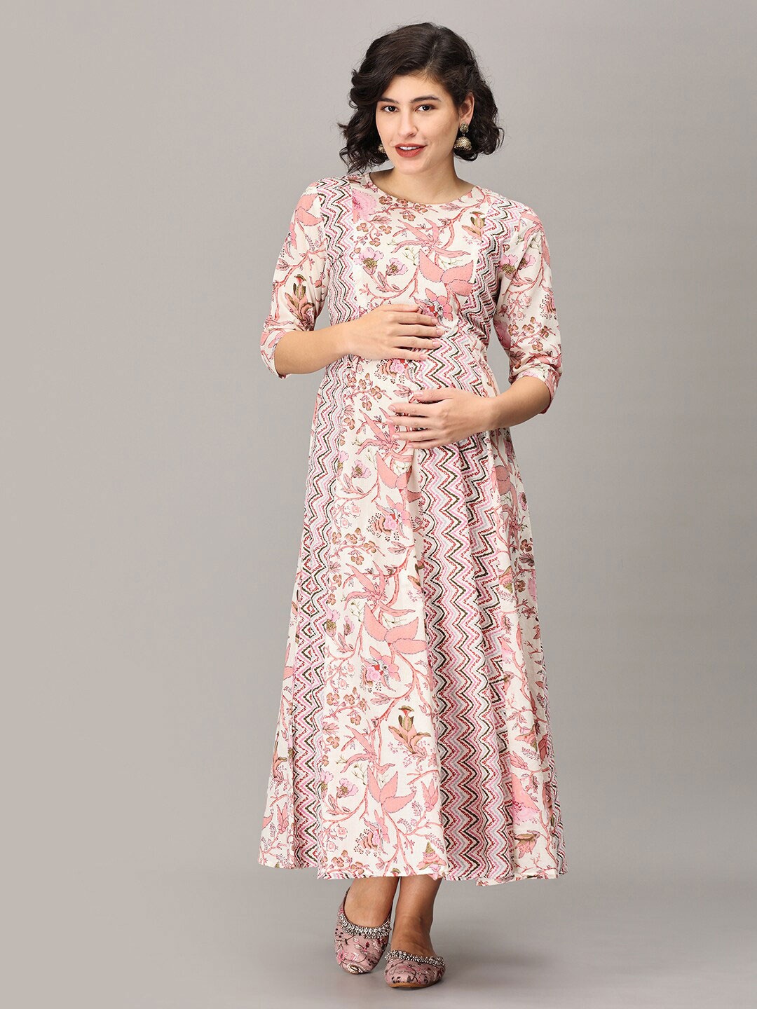 

The Mom Store Maternity Floral Printed Maxi Cotton A-Line Dress, Pink