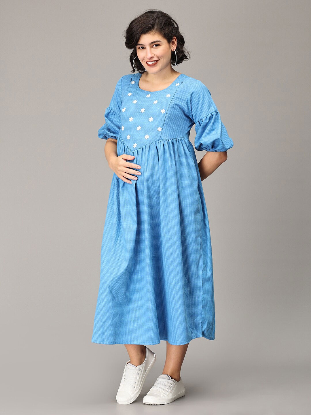 

The Mom Store Maternity Checked Embroidered Detail Puff Sleeves Cotton A-Line Midi Dress, Blue