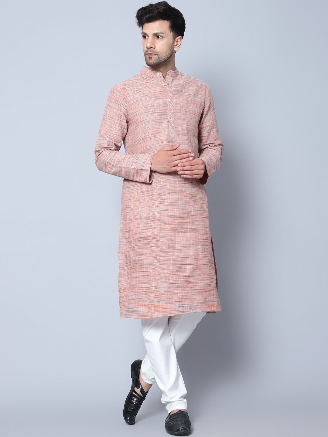 

Latest Chikan Garments Striped Mandarin Collar Thread Work Cotton Kurta, Beige