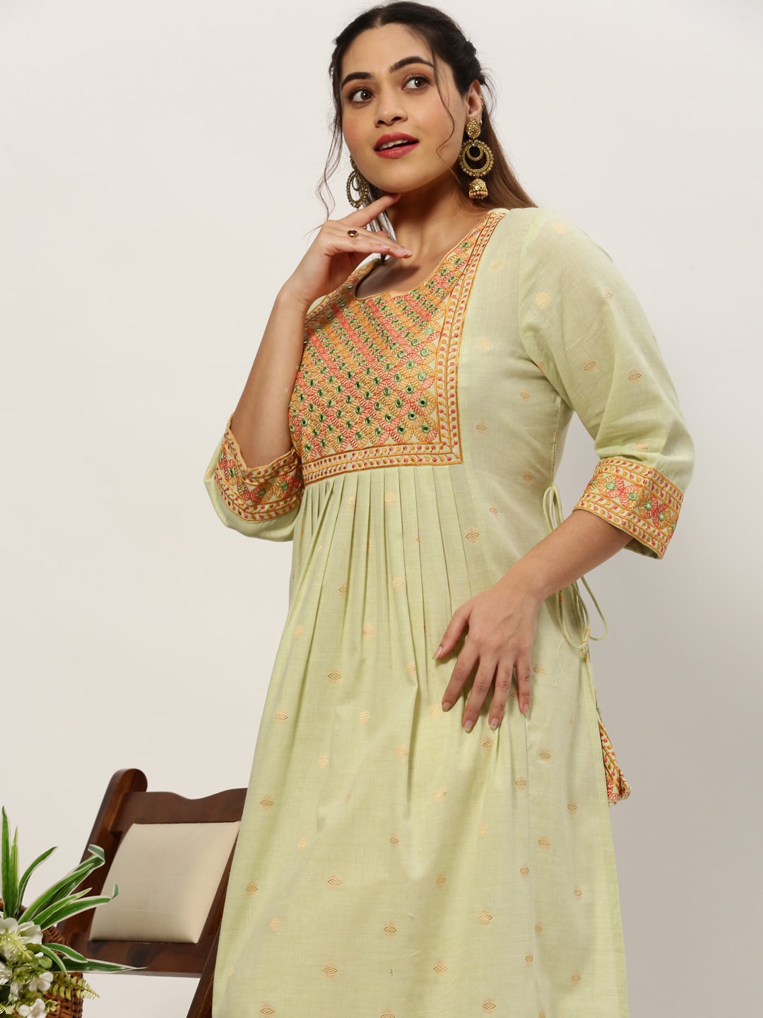 

SHOWOFF Plus Ethnic Motif Embroidered Mirror Work A-Line Kurta, Sea green