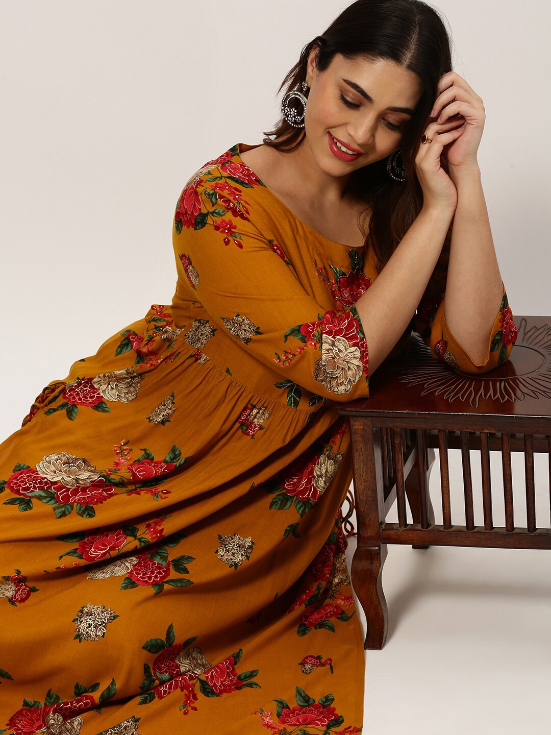 SHOWOFF Plus Floral Printed Beadded A-Line Kurta, Mustard