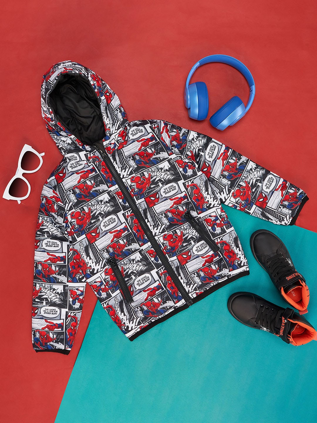 

Pantaloons Junior Boys Superhero Spider Man Graphic Printed Hooded Padded Jacket, Black