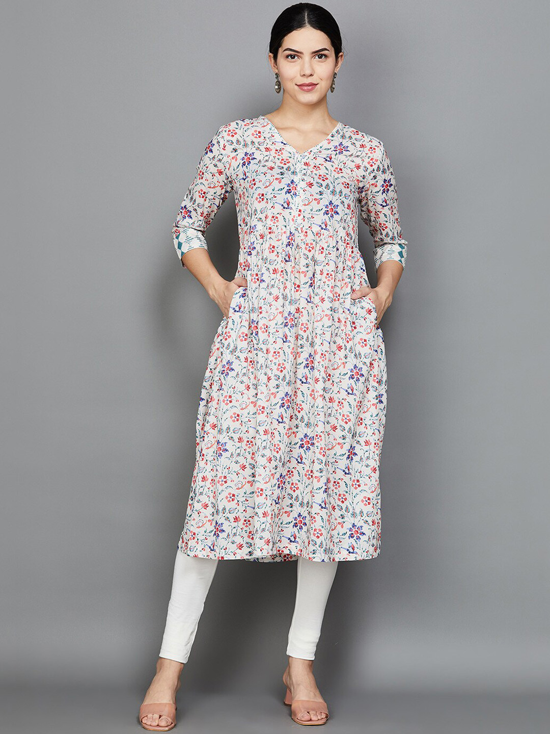 

Melange by Lifestyle Floral Printed Pure Cotton A-Line Kurta, Off white