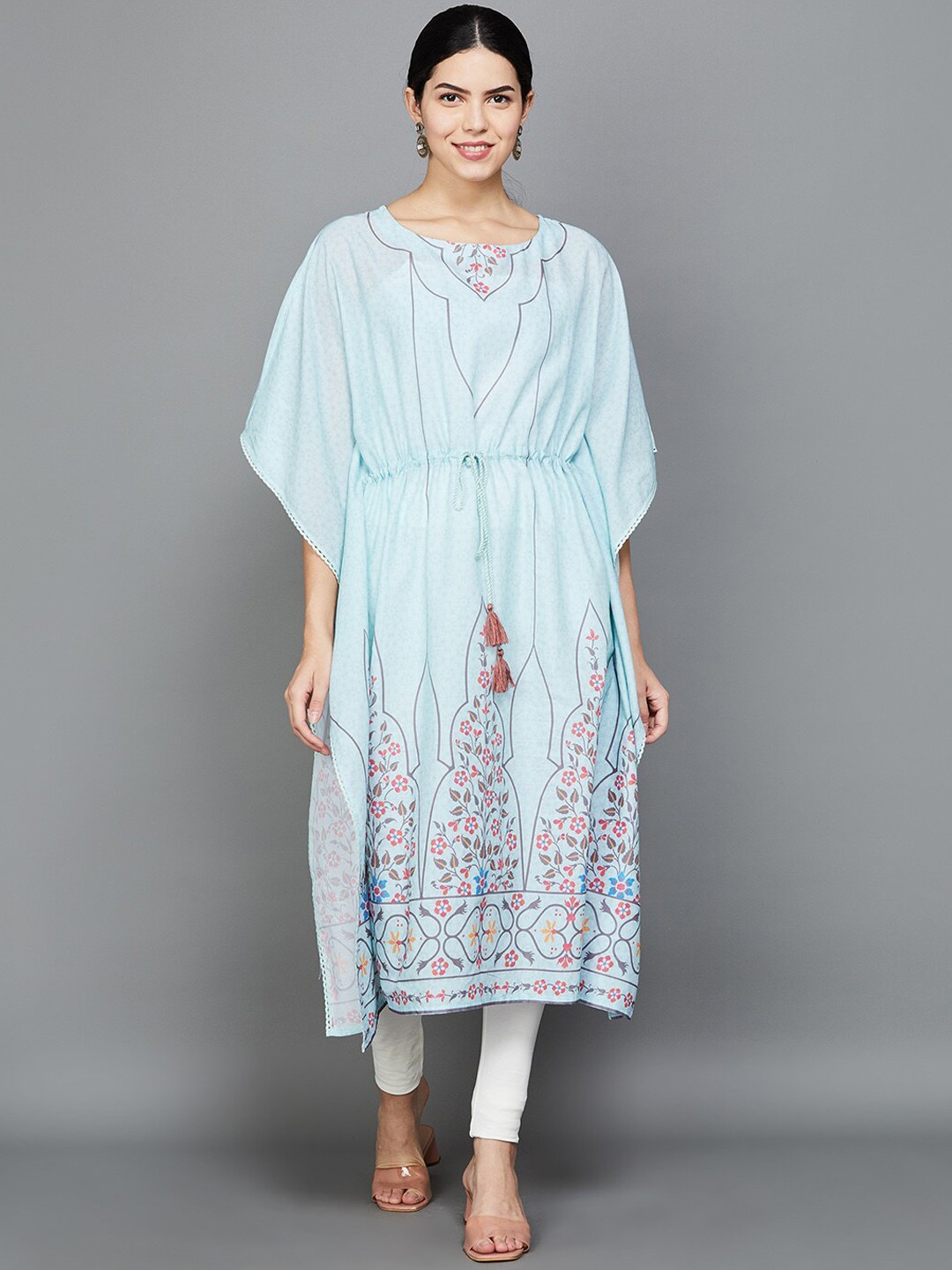 

Melange by Lifestyle Floral Printed Pure Cotton Kaftan Kurta, Blue