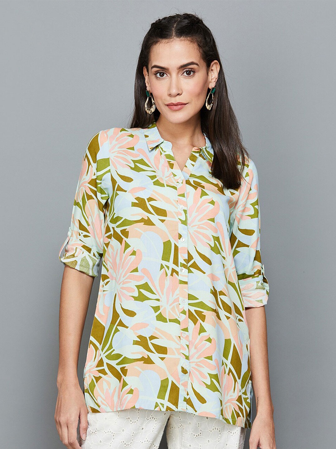 

Melange by Lifestyle Floral Printed Shirt Collar Roll-Up Sleeve Tunic, Blue