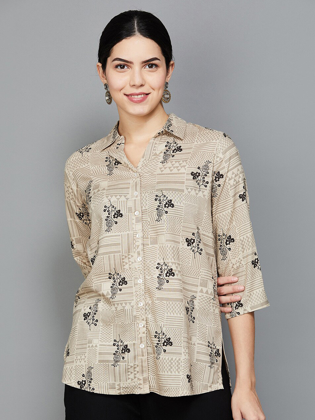 

Melange by Lifestyle Floral Printed Shirt Collar Kurti, Beige