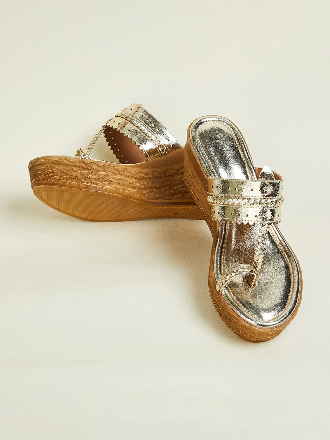 

Melange by Lifestyle Braided Open Toe Ethnic Wedges With Laser Cuts, Gold