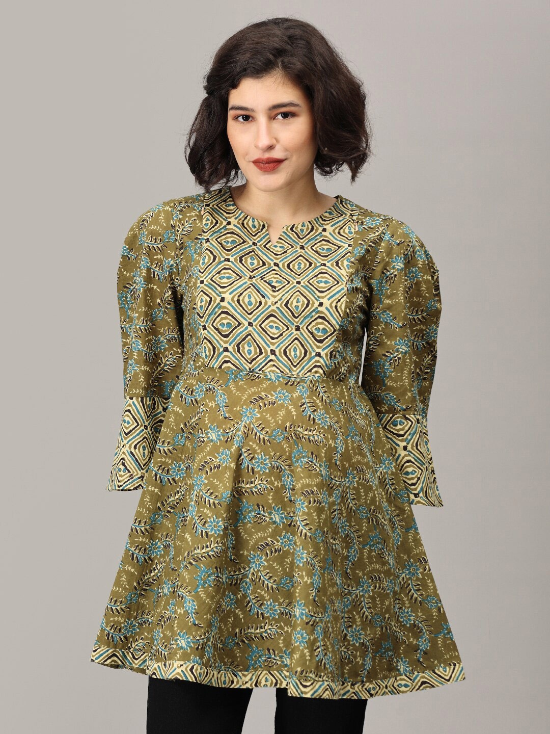 

The Mom Store Ethnic Motifs Printed Mandarin Collar Maternity A-Line Kurti, Olive