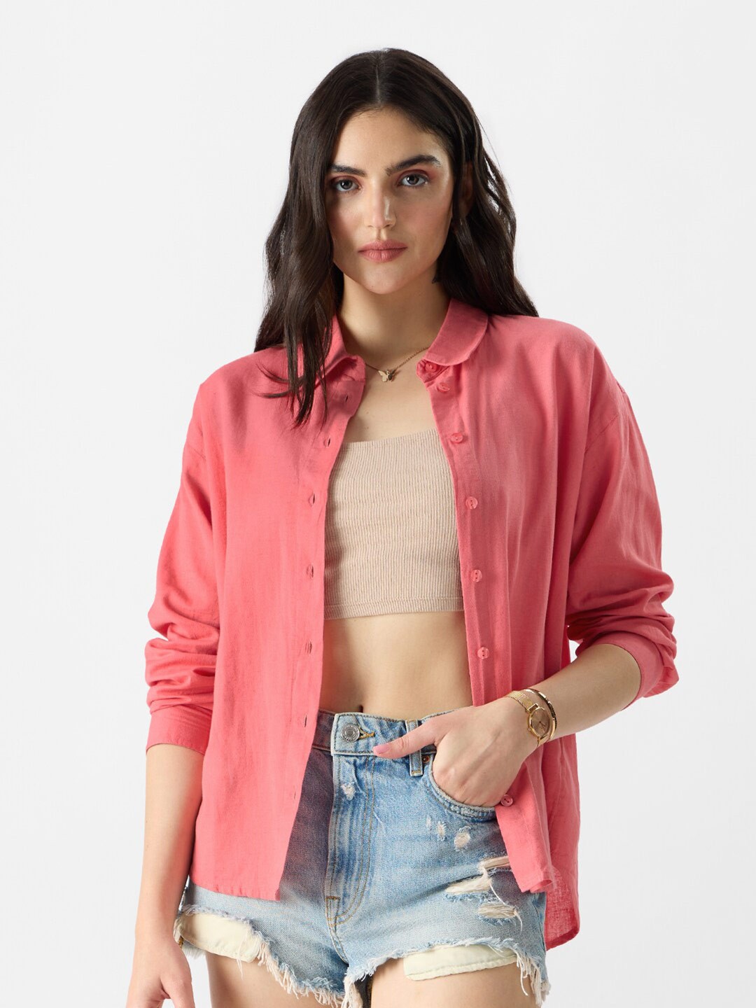 

The Souled Store Relaxed Oversized Cotton Casual Shirt, Pink