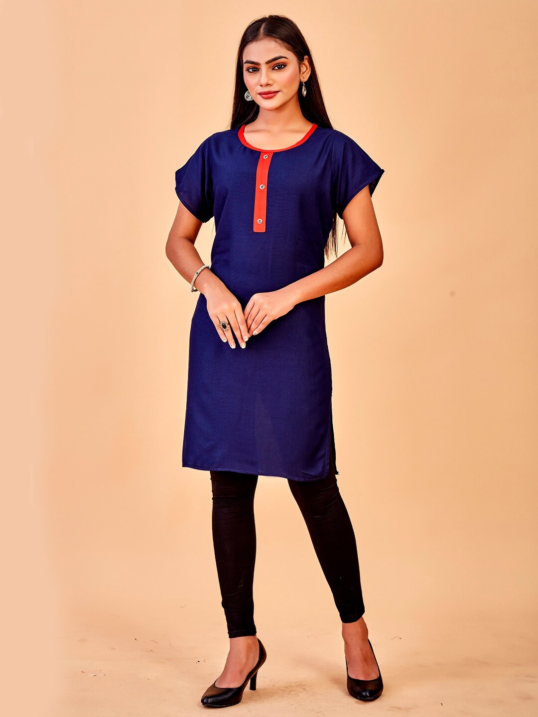 

Anouk Navy Blue Round Neck Short Sleeve Straight Kurta