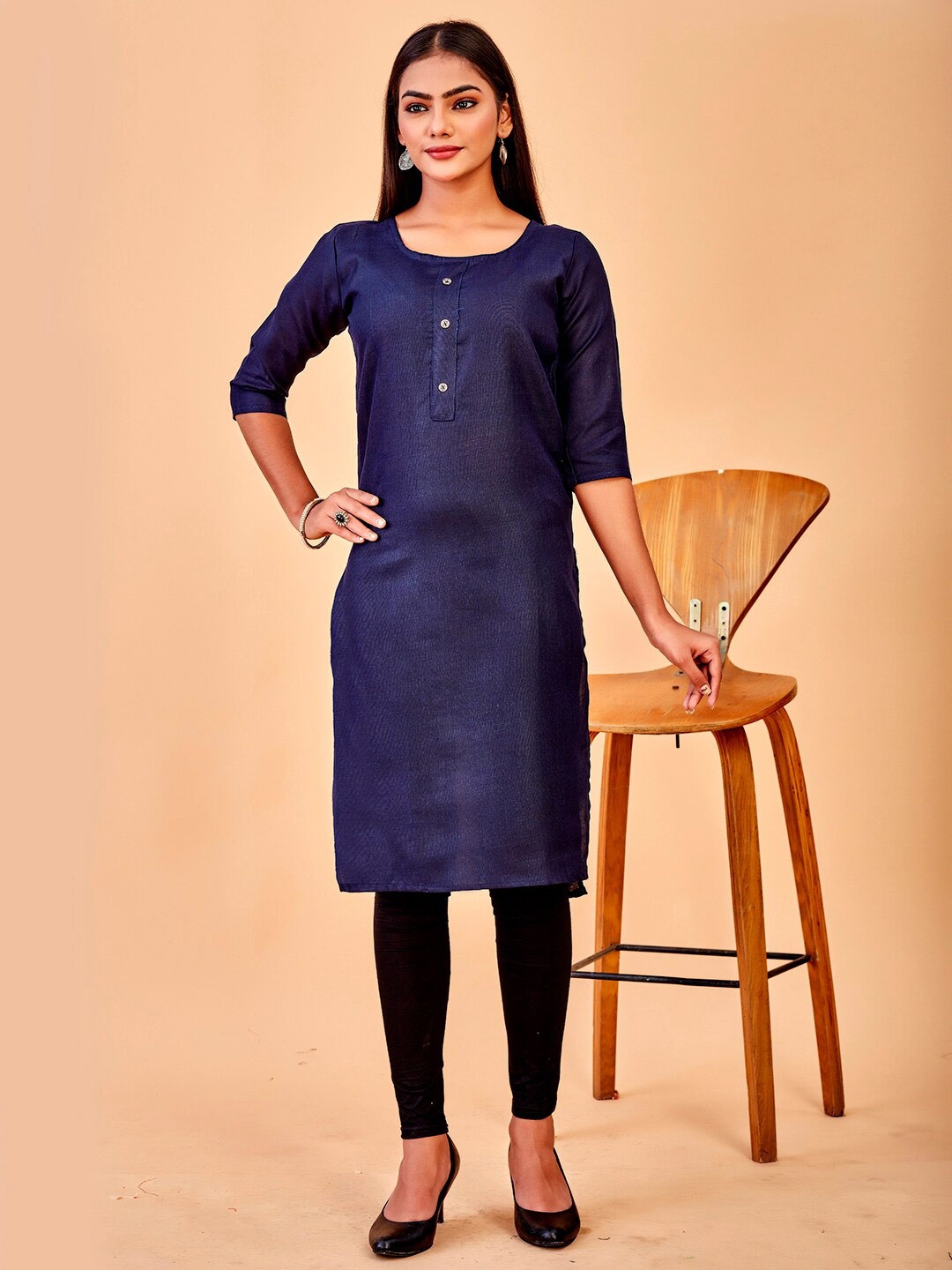 

Anouk Round Neck Pure Cotton Straight Kurta, Navy blue