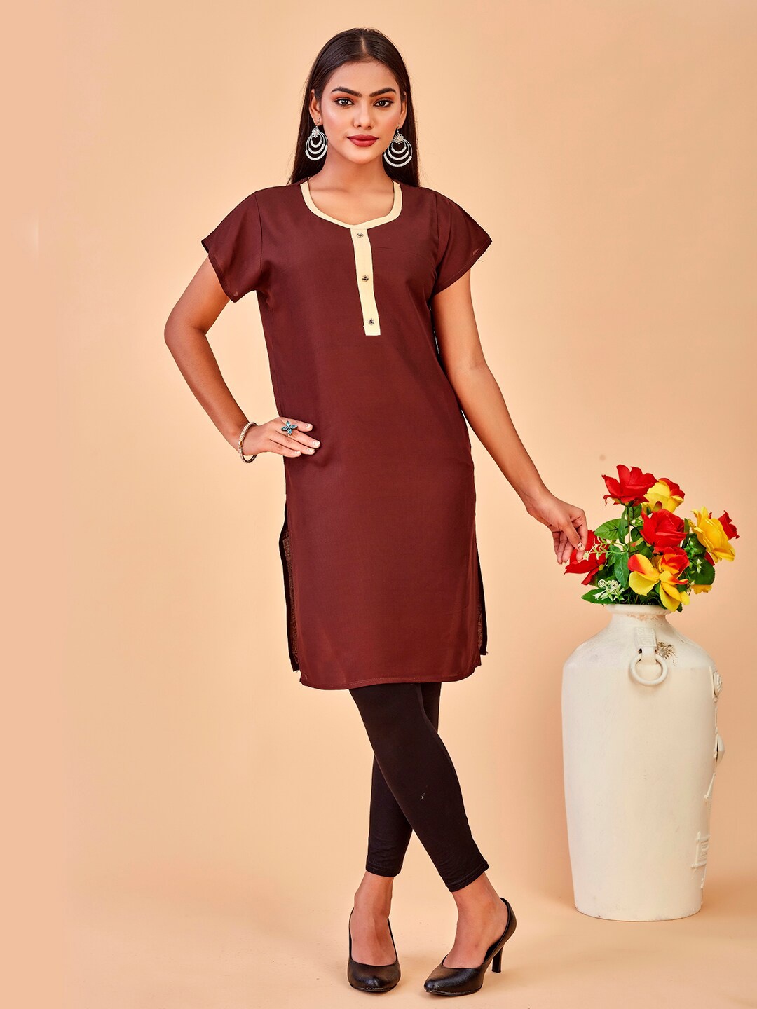 

Anouk Round Neck Straight Kurta, Brown