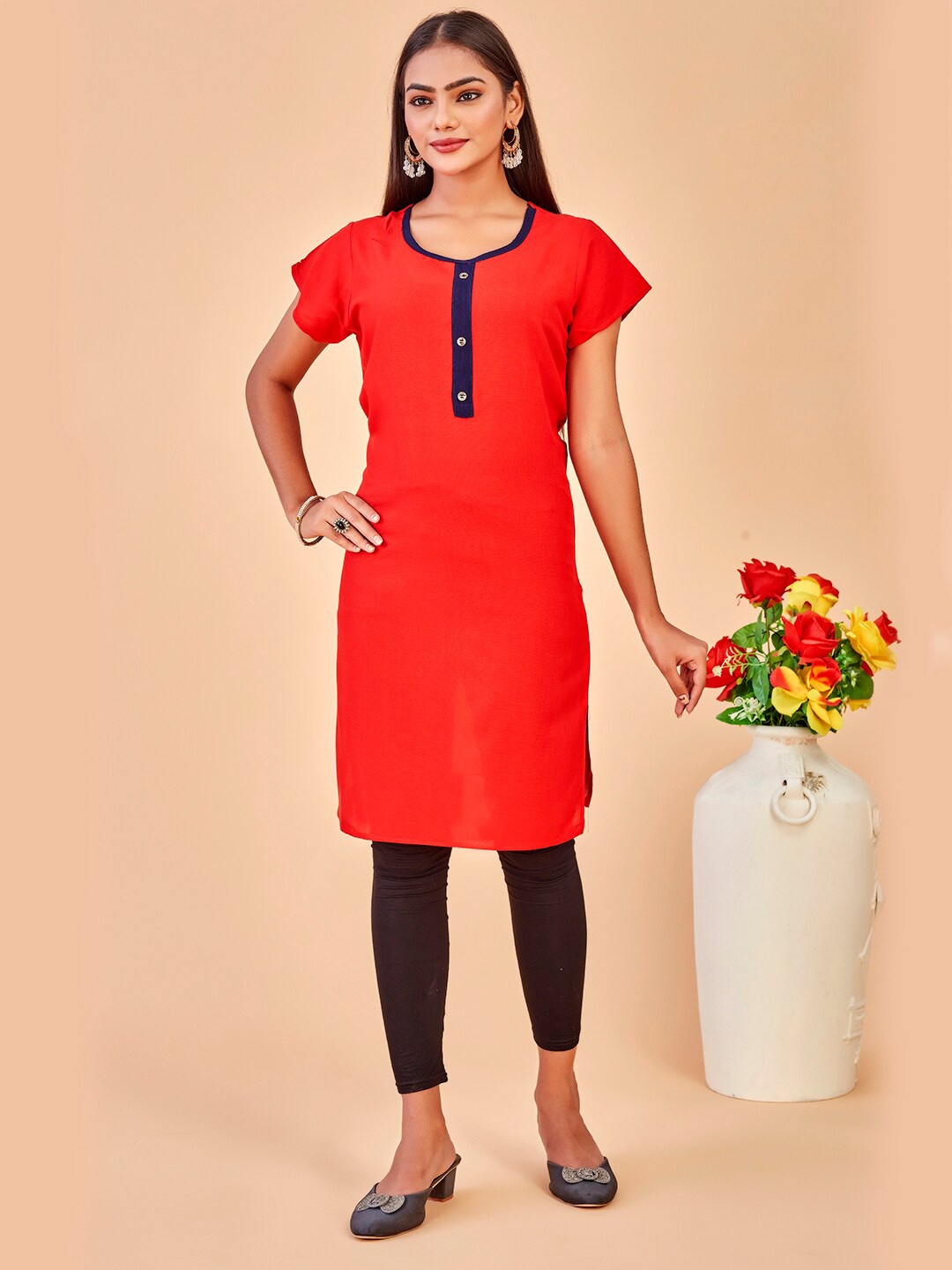 

Anouk Round Neck Straight Kurta, Red