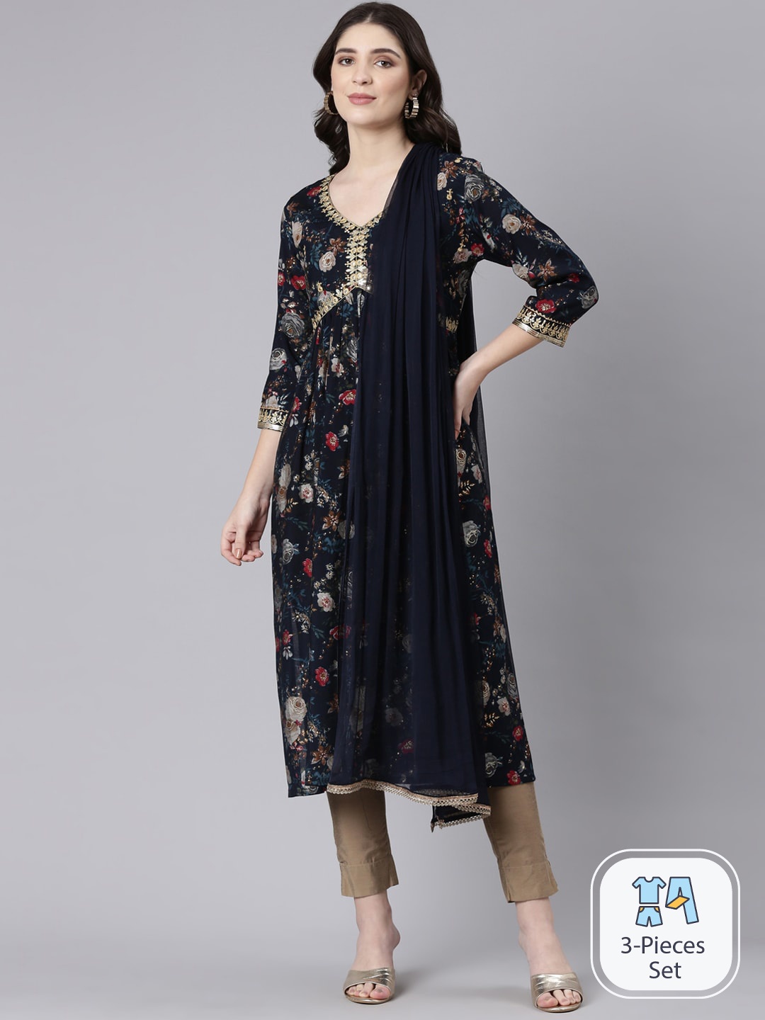 

FLAVIDO Floral Printed Thread & Mirror Work A-Line Chanderi Silk Kurta With Dupatta, Navy blue