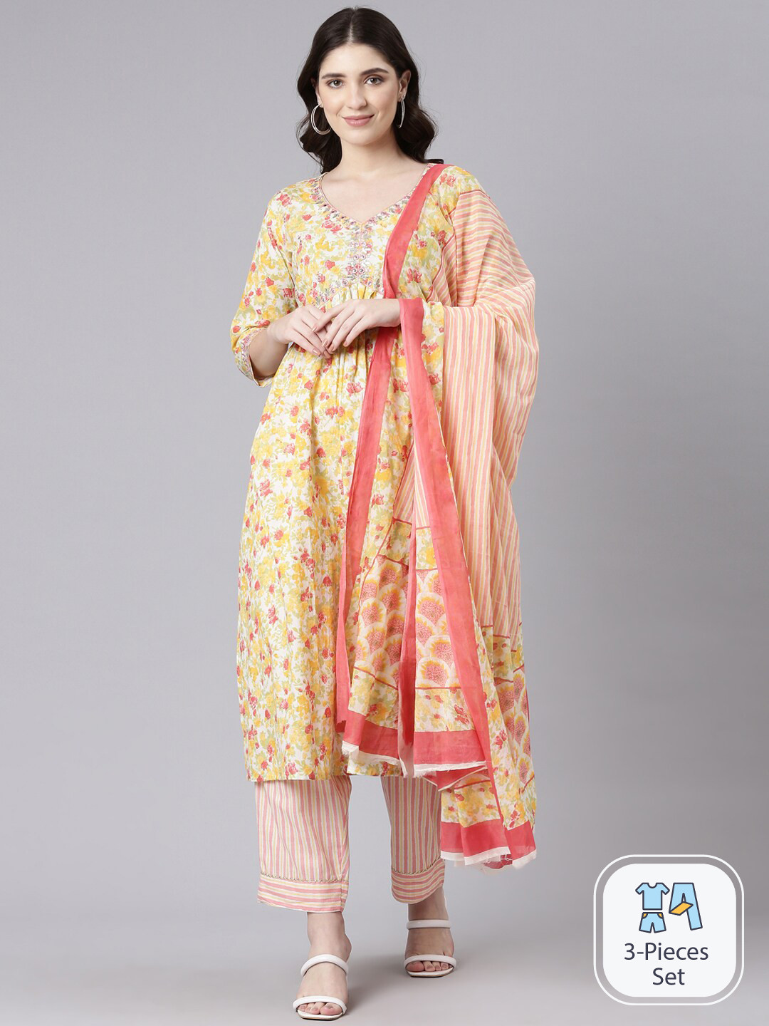 

FLAVIDO Floral Printed V-Neck Mirror Work Pure Cotton A-Line Kurta & Trousers With Dupatta, Yellow