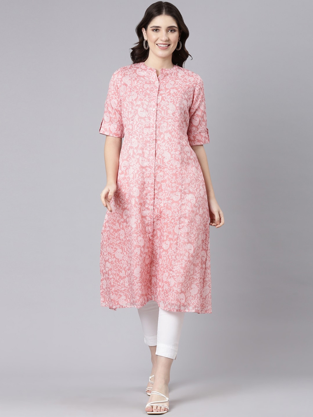 

FLAVIDO Floral Printed A-Line Kurta, Pink