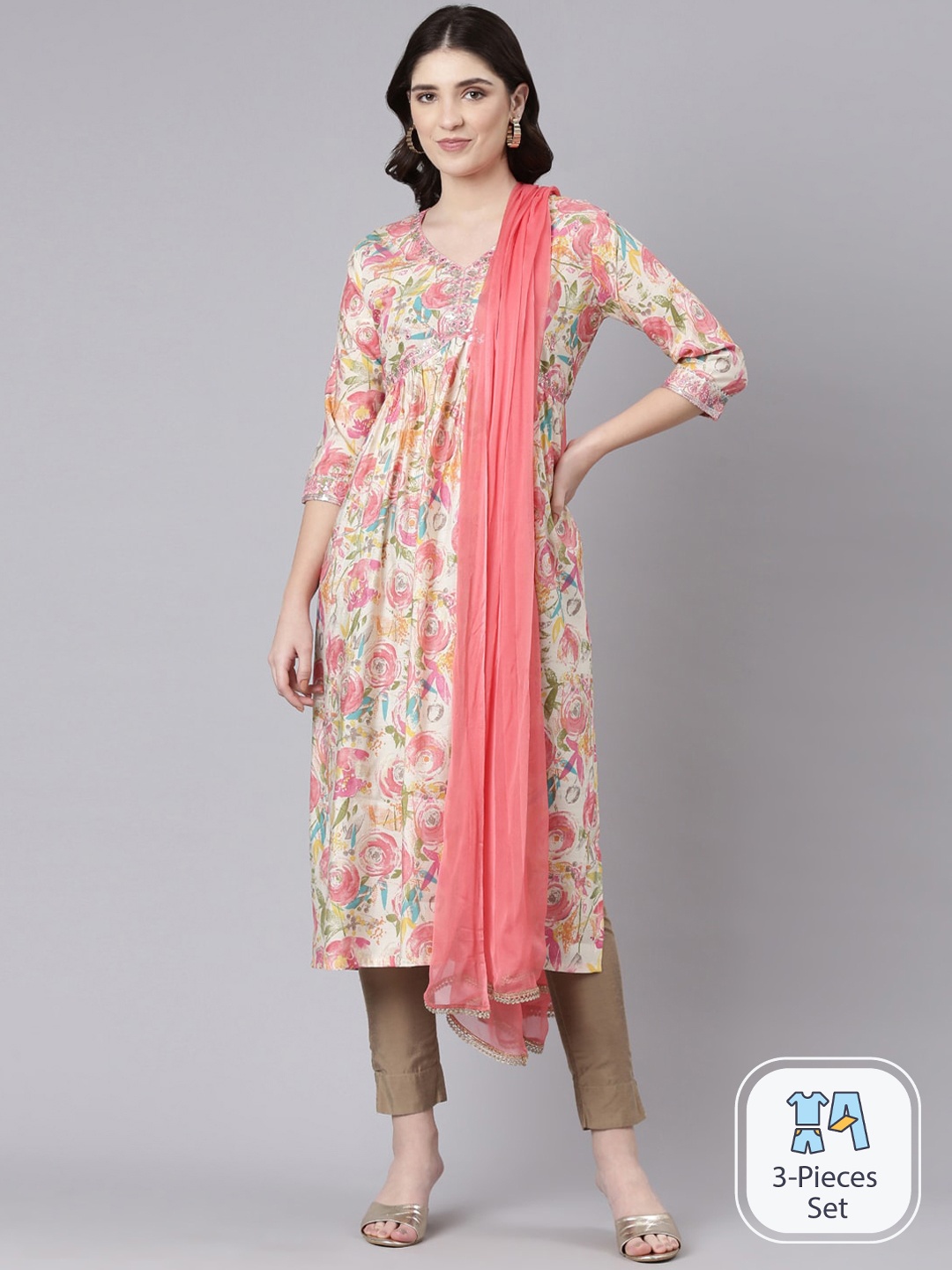 

FLAVIDO Floral Printed Chanderi Silk kurta With Trousers & Dupatta, Cream