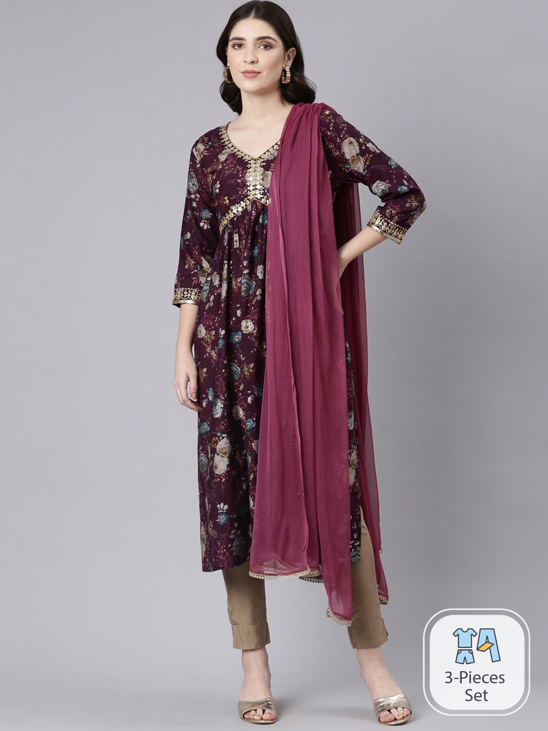 

FLAVIDO Floral Printed Chanderi Silk kurta With Trousers & Dupatta, Purple