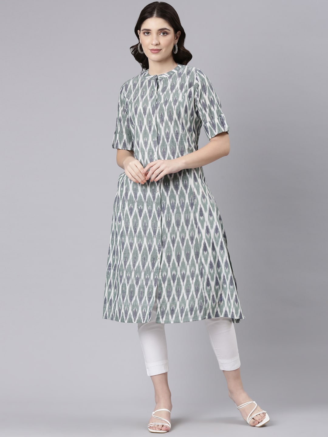 

FLAVIDO Ethnic Motifs Woven Design A-Line Pure Cotton Kurta, Sea green