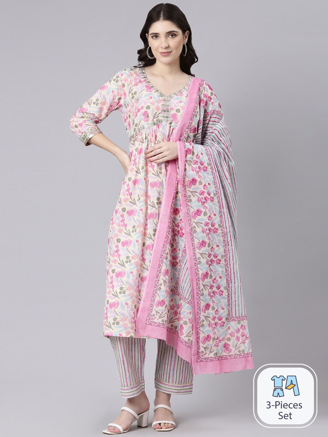 

FLAVIDO Floral Printed Regular Pure Cotton Kurta With Trousers & Dupatta, White