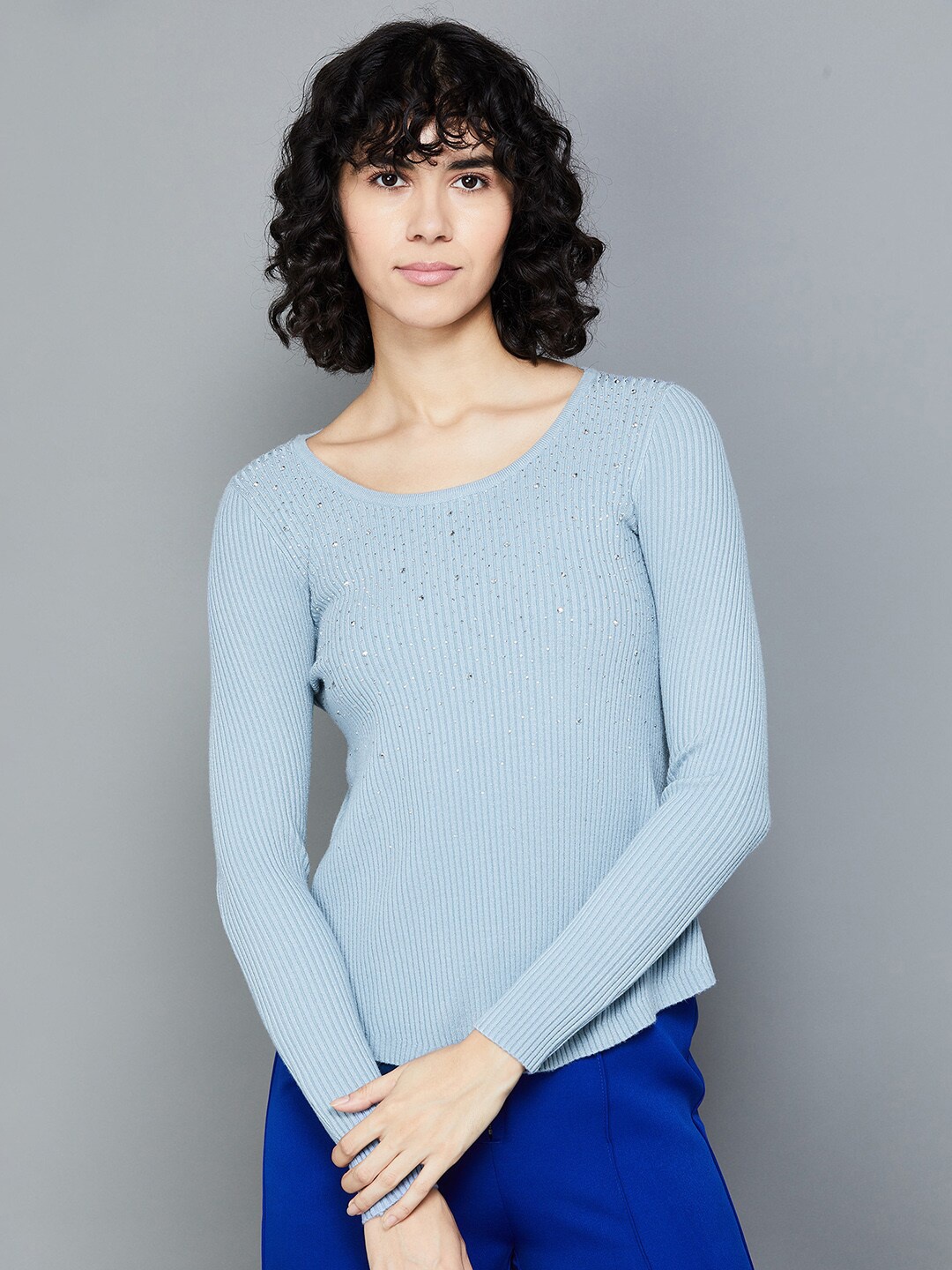 

Ginger by Lifestyle Ribbed Sequined Embellished Detail Knitted Top, Blue