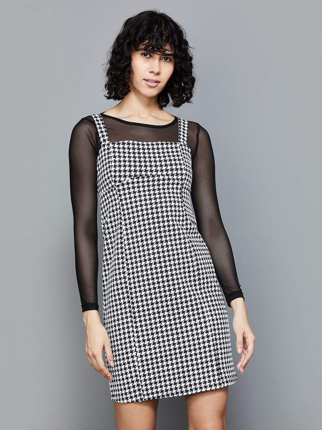 

Ginger by Lifestyle Checked Shoulder Straps A-Line Dress, Black