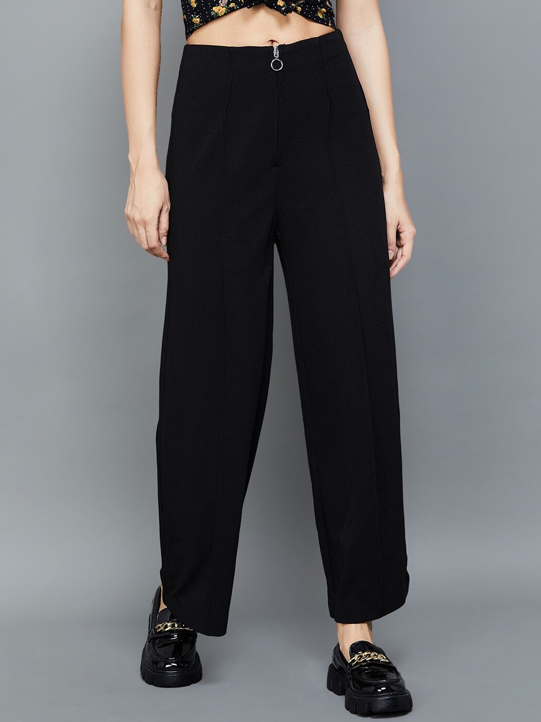 

Ginger by Lifestyle Women Mid-Rise Cotton Parallel Trousers, Black