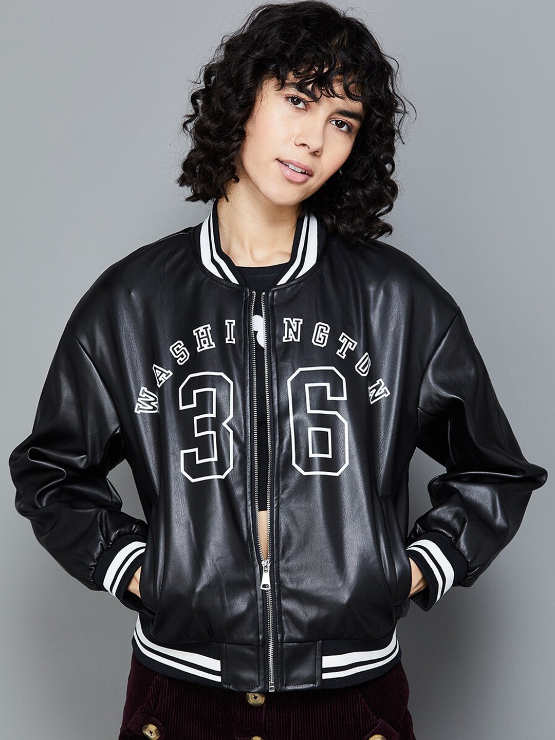 

Ginger by Lifestyle Typography Printed Mock Collar Varsity Jacket, Black