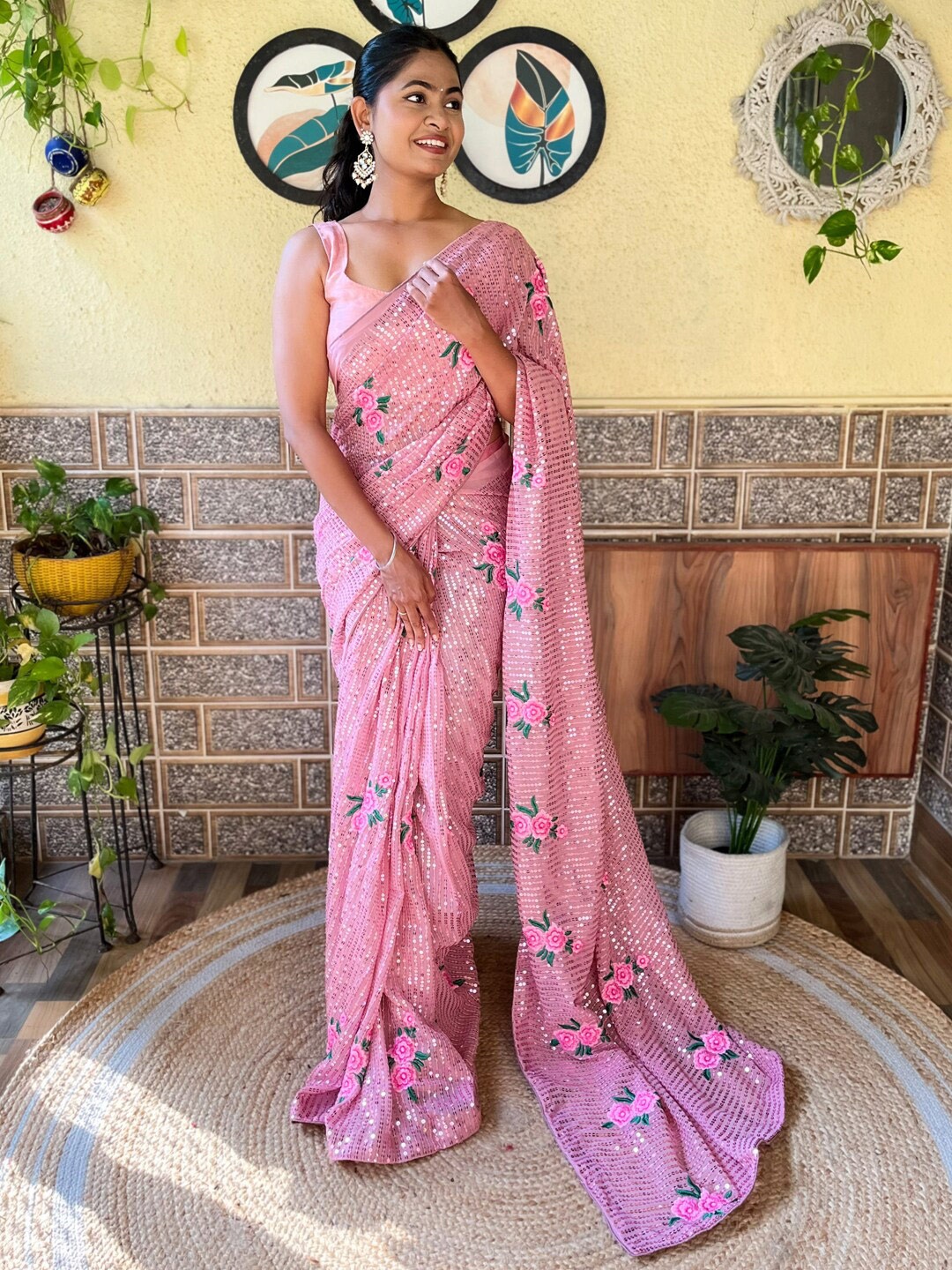

Mitera Pink & Green Floral Printed Sequinned Saree