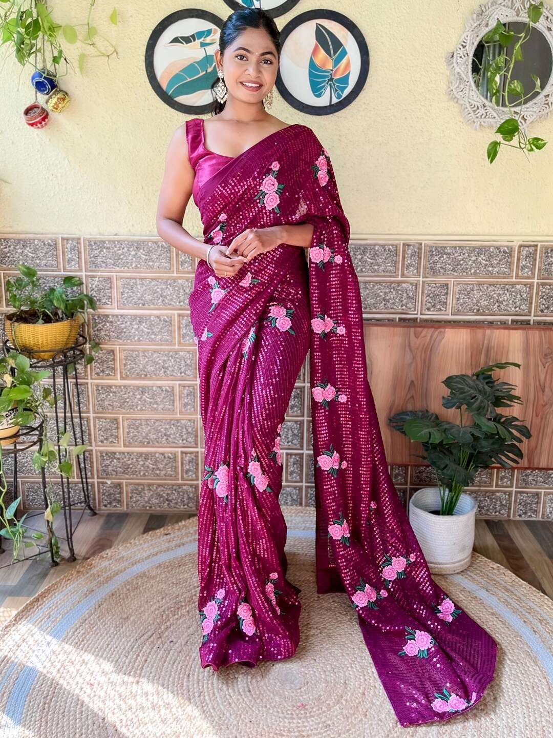Mitera Sequin Embellished Saree, Magenta