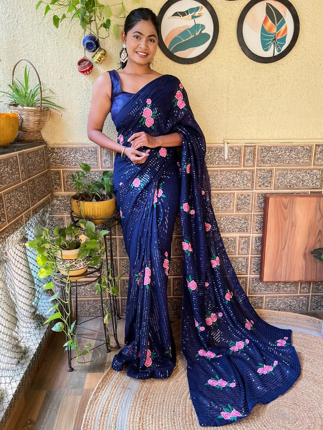 

Mitera Blue & Pink Floral Embellished Sequinned Saree