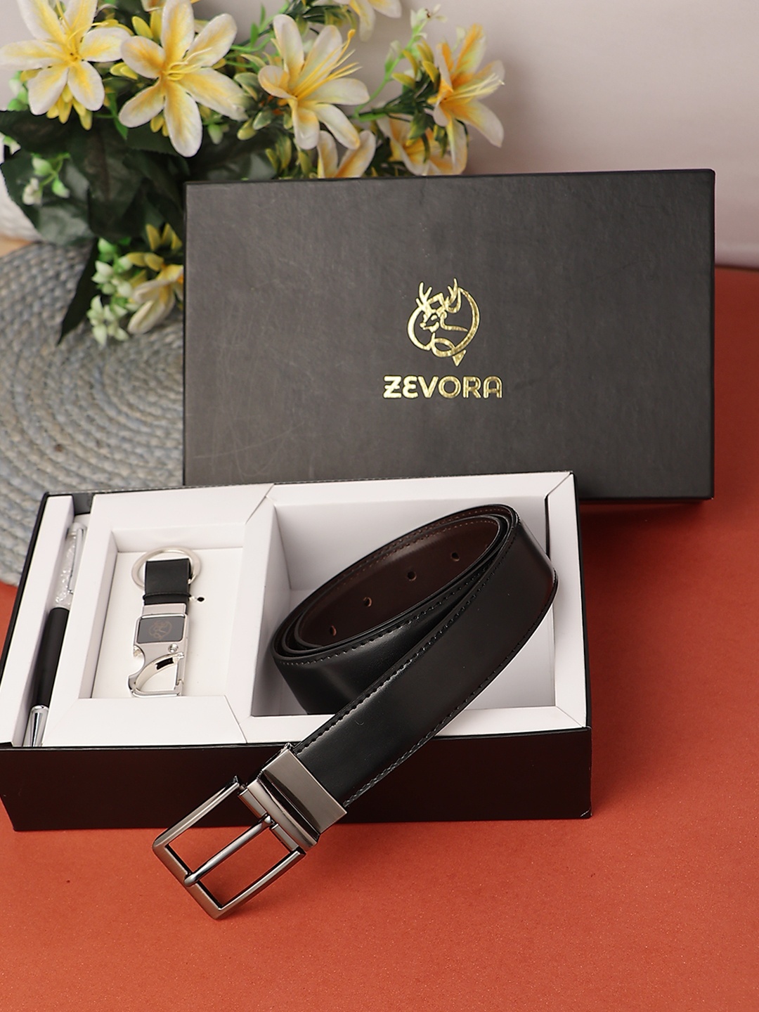 

ZEVORA Men Leather Belt Keychain & Pen, Black