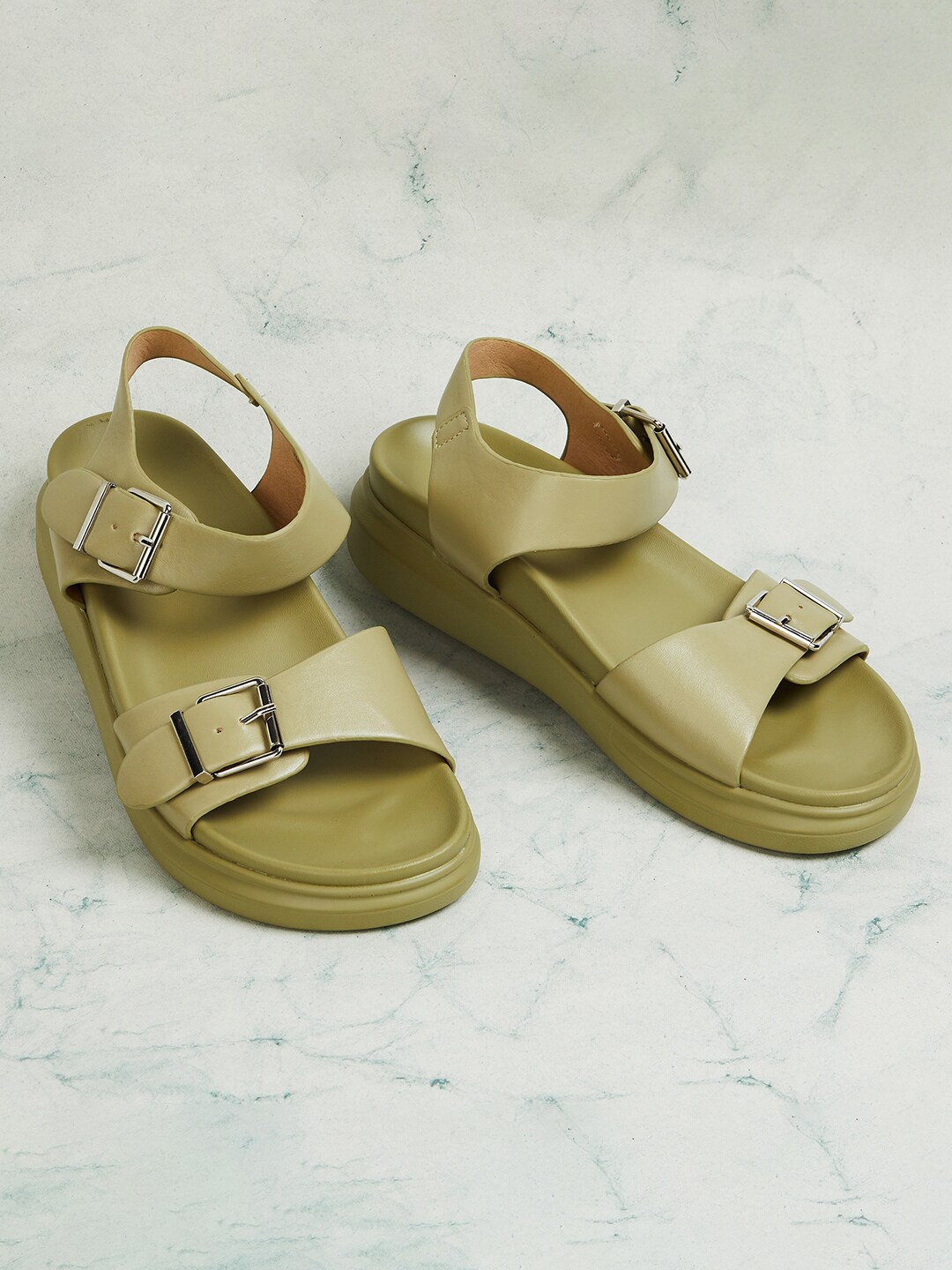 

Ginger by Lifestyle Open Toe Flats With Buckles Closure, Olive