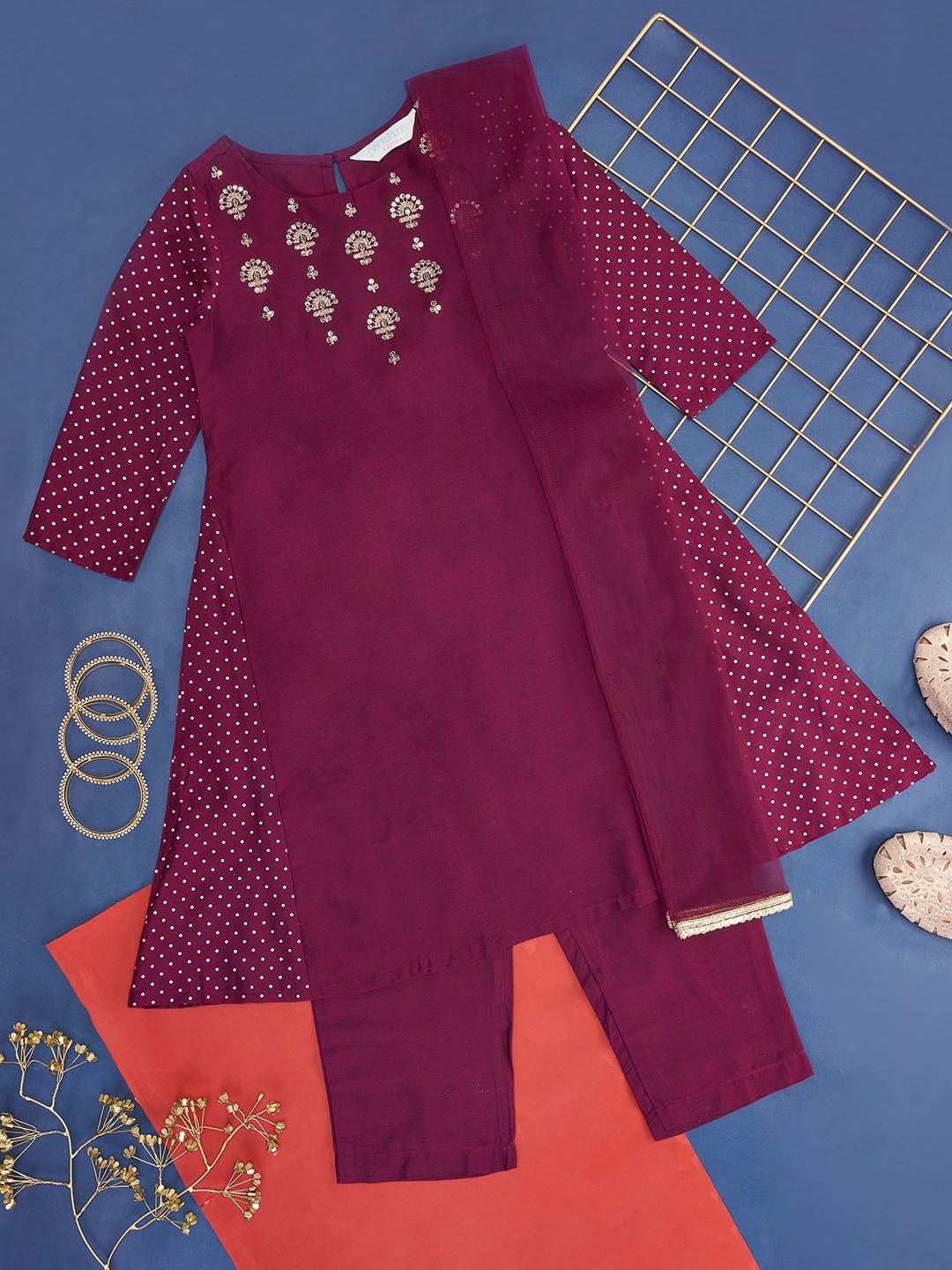 

AKKRITI BY PANTALOONS Girls Embroidered Thread Work Kurta & Trousers With Dupatta, Burgundy