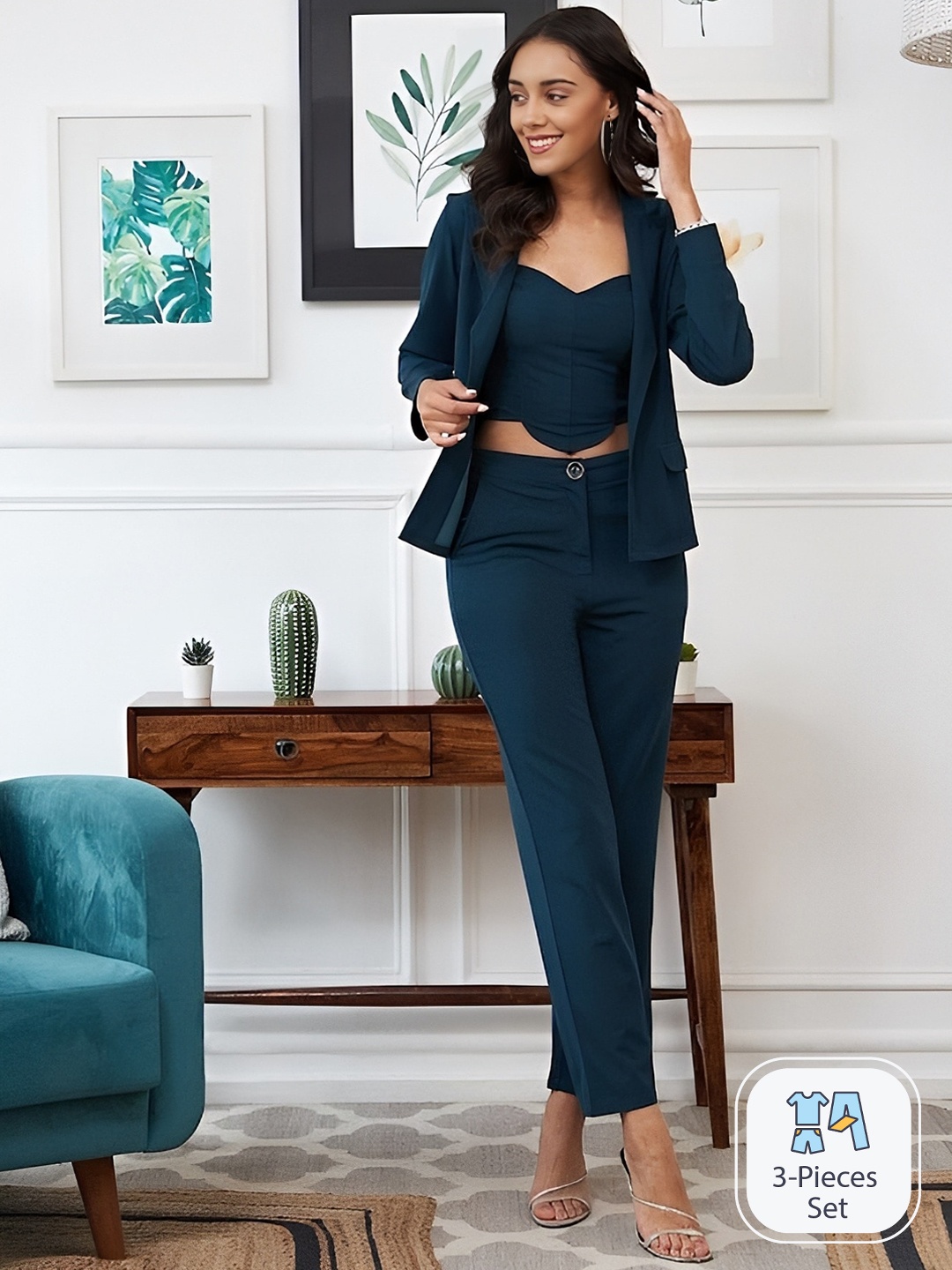 

SIDYAL Crop Top With Trousers & With Blazer, Teal