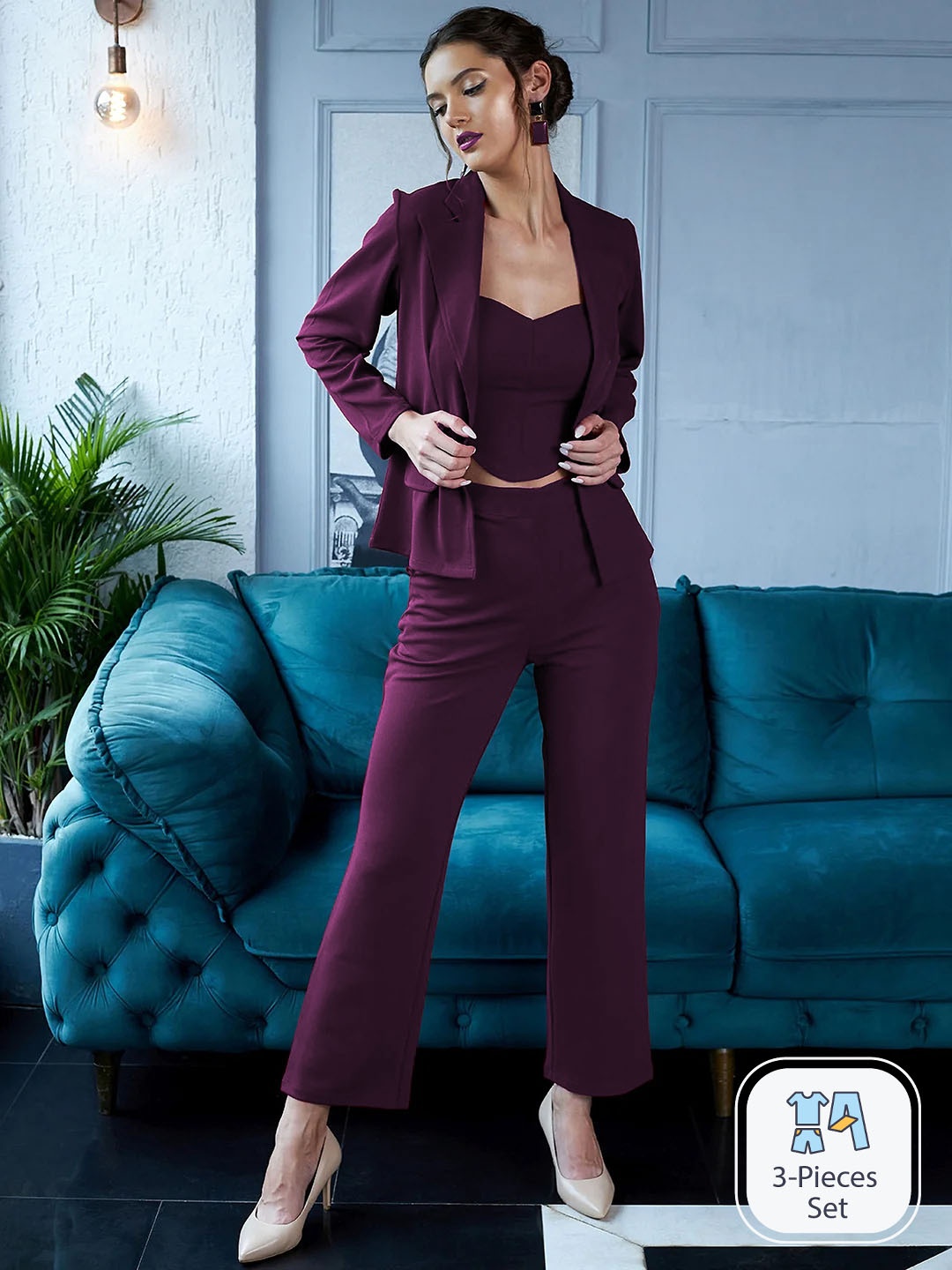 

SIDYAL Crop Top With Trousers & With Blazer, Burgundy