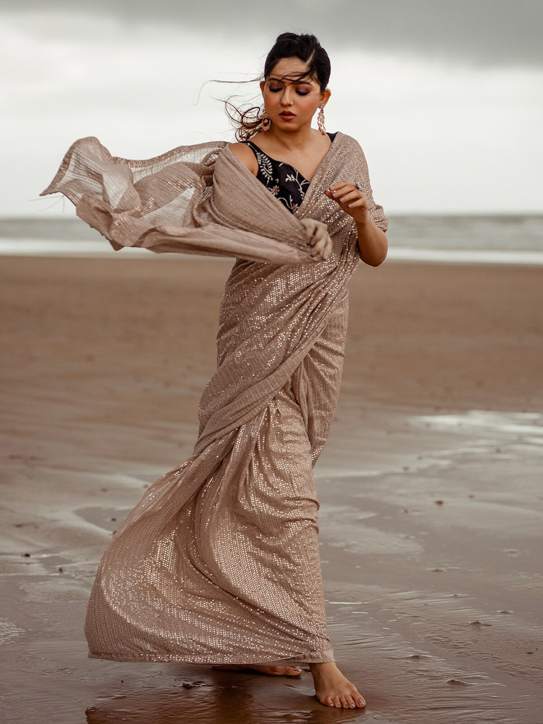 

ODETTE Sequin Embellished Saree, Brown