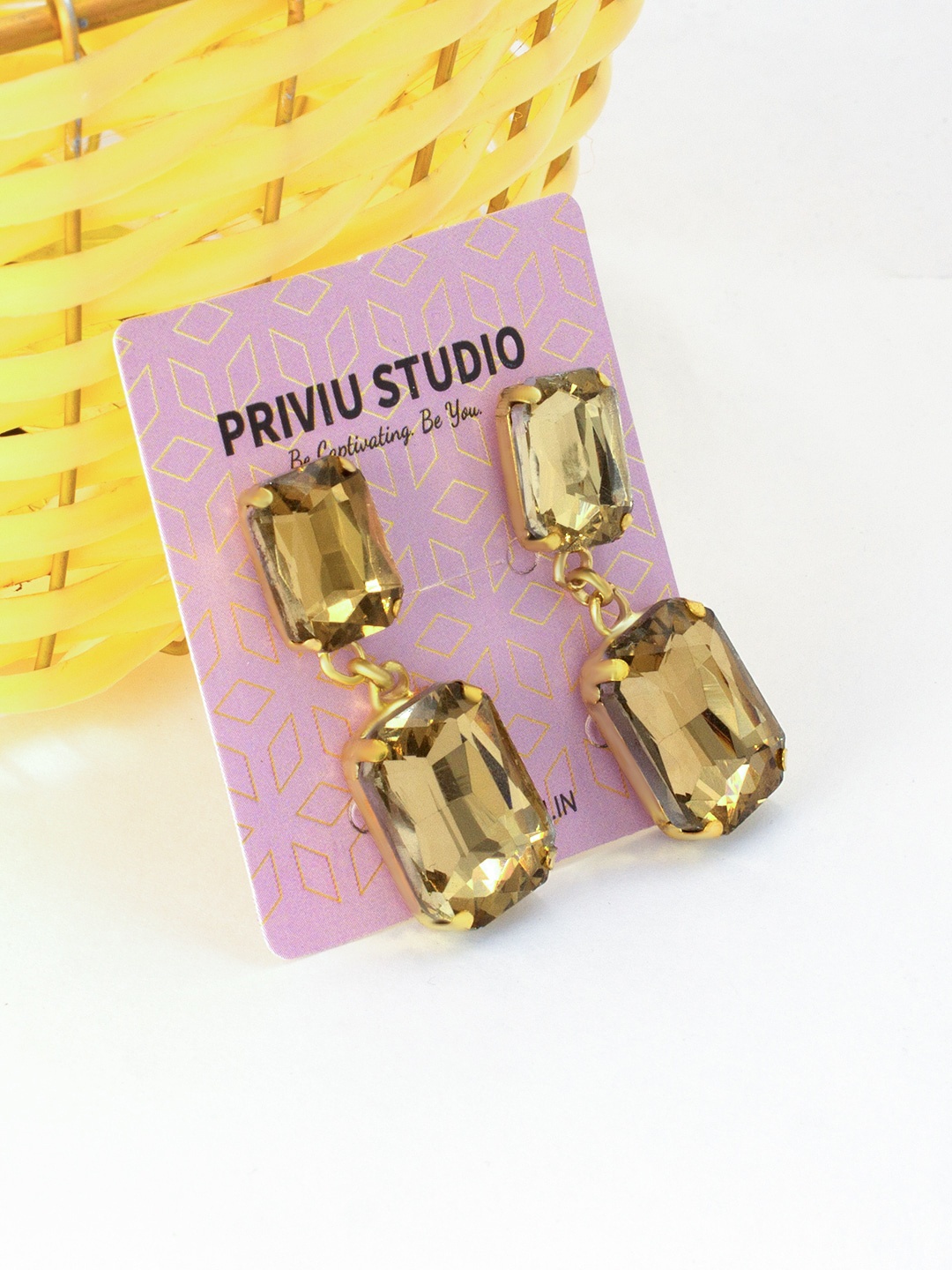 

PRIVIU Gold-Plated Crystal Stoned Contemporary Drop Earrings