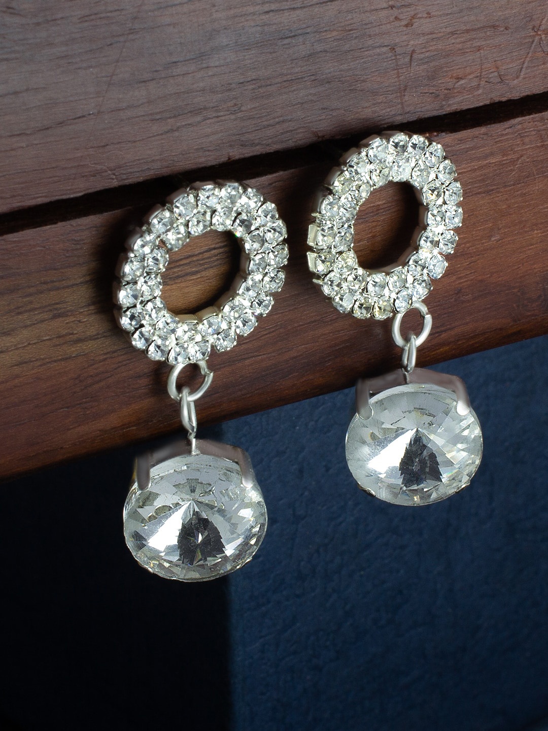 

PRIVIU Silver-Plated American Diamond-Studded Drop Earrings