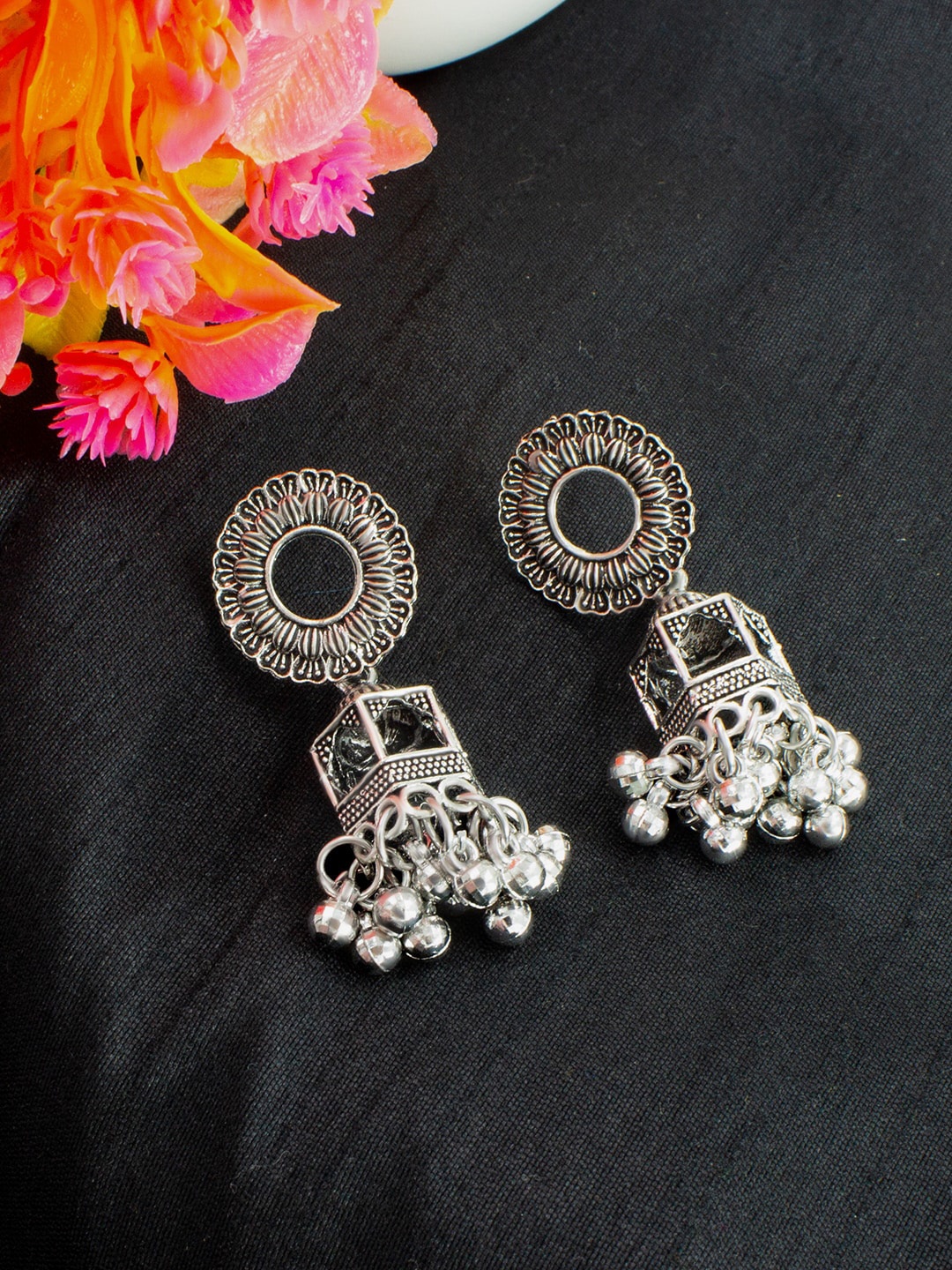 

PRIVIU Silver-Plated Oxidised Dome Shaped Jhumkas