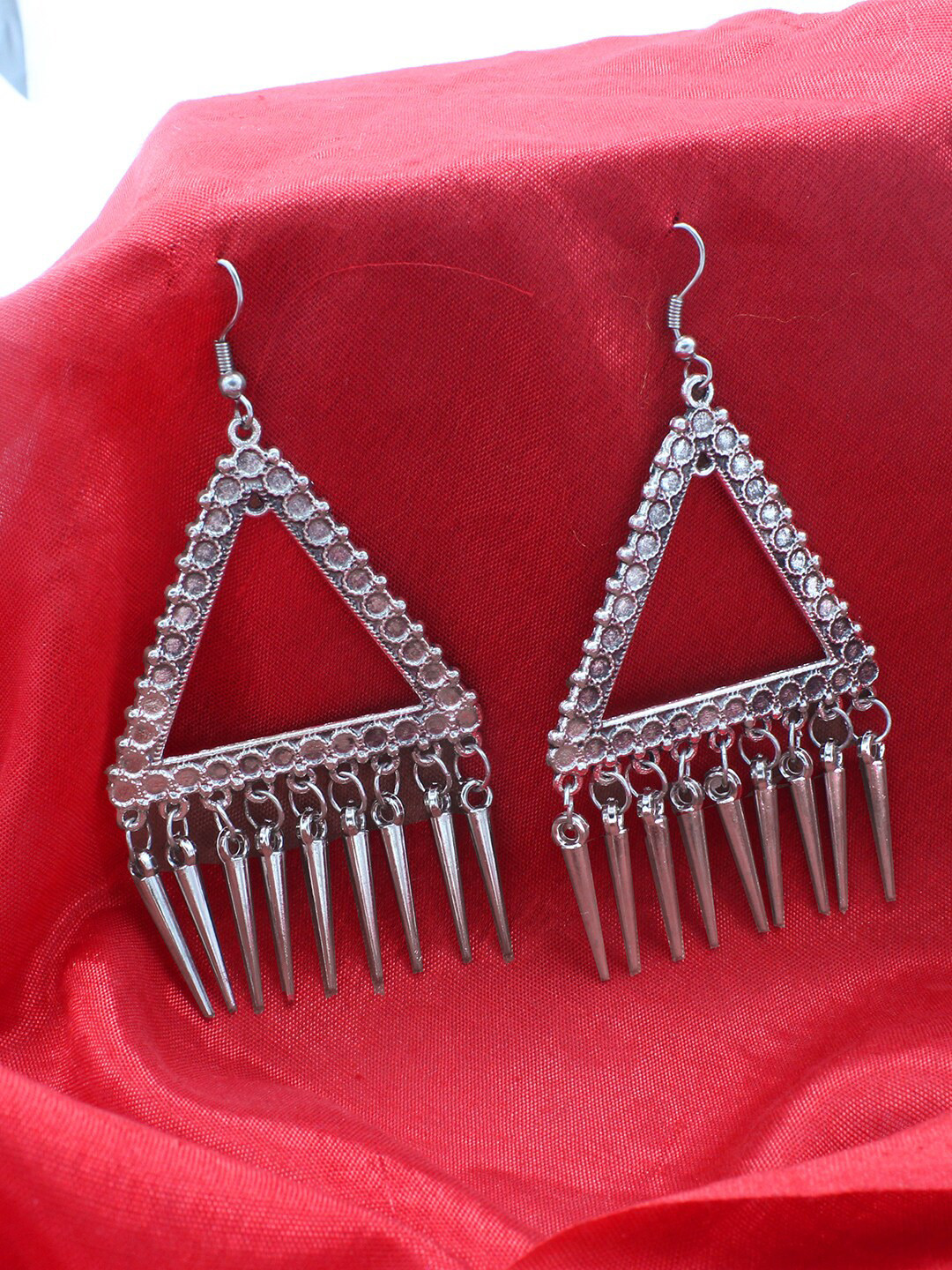 

PRIVIU Silver-Plated Oxidized Afghan Tribal Tringle Shape Drop Earrings