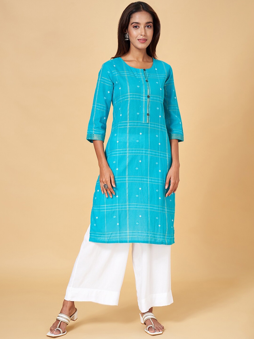 

RANGMANCH BY PANTALOONS Checked Cotton Straight Kurta, Blue