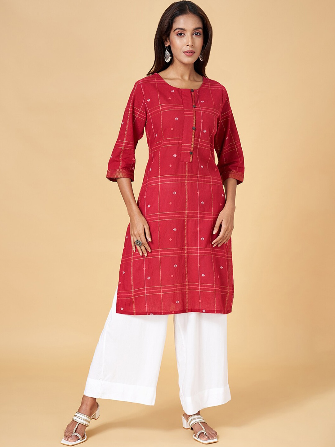 

RANGMANCH BY PANTALOONS Geometric Woven Design Cotton Straight Kurta, Red