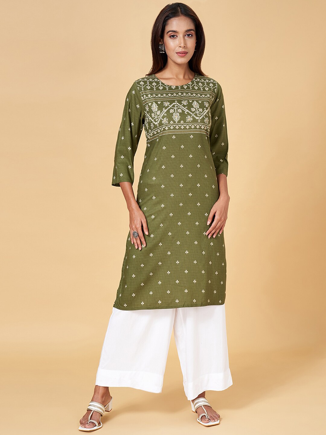 

RANGMANCH BY PANTALOONS Woven Design Straight Kurta, Olive