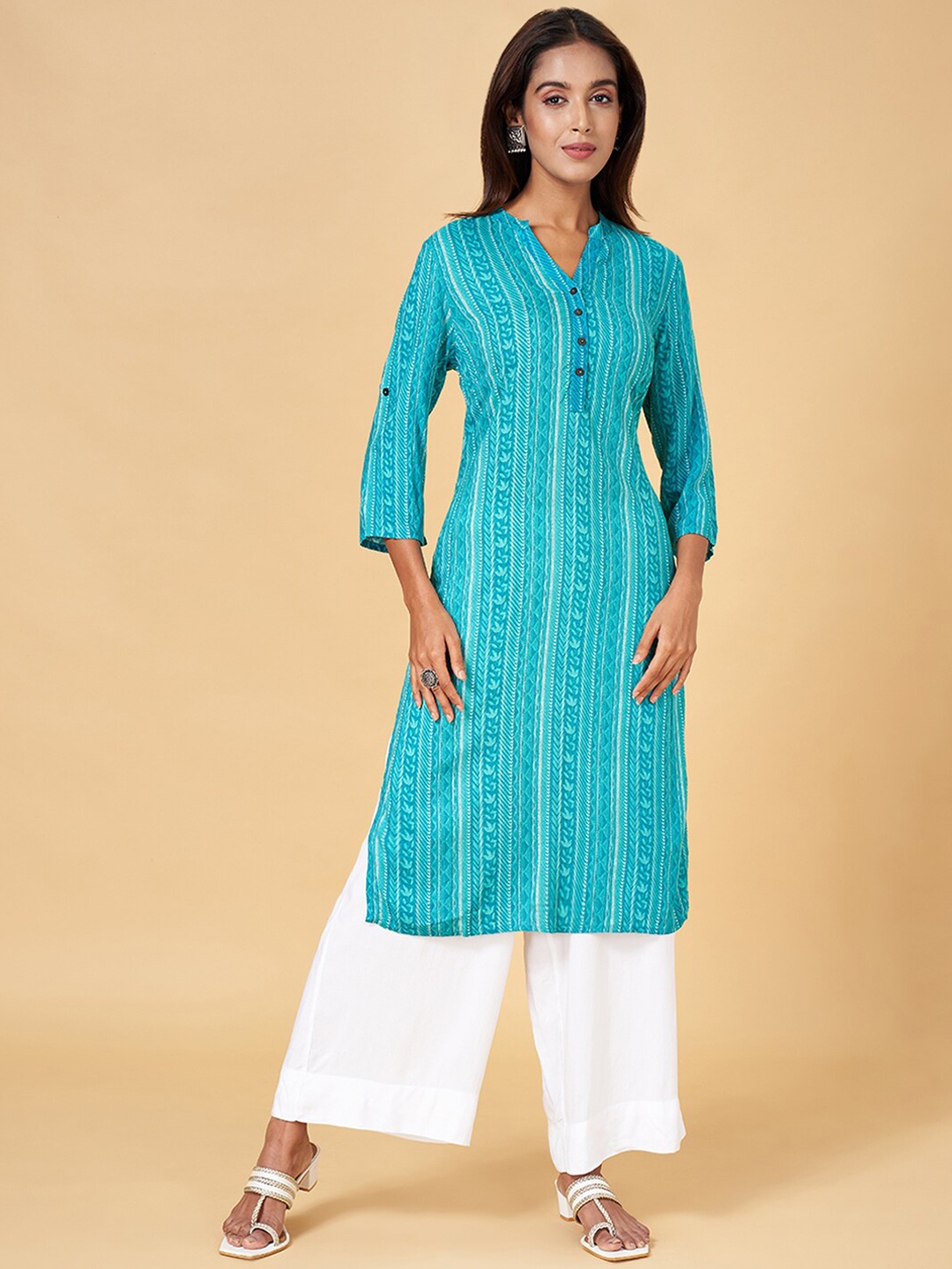 

RANGMANCH BY PANTALOONS Printed Mandarin Collar Kurta, Turquoise blue