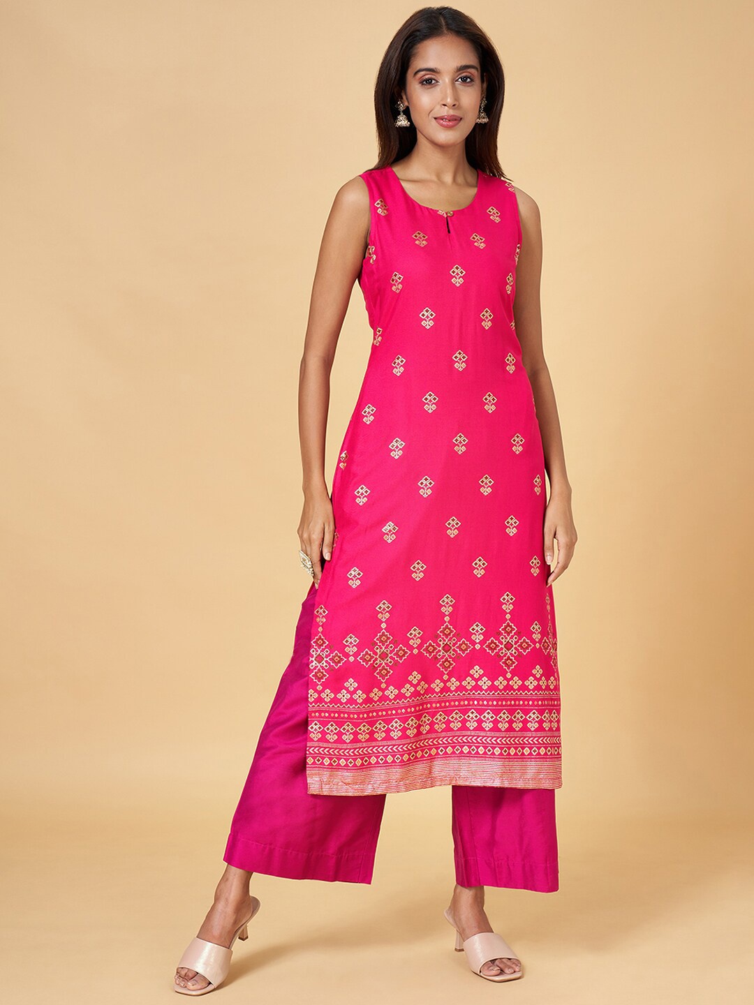 

RANGMANCH BY PANTALOONS Ethnic Motifs Printed Keyhole Neck Kurta, Fuchsia