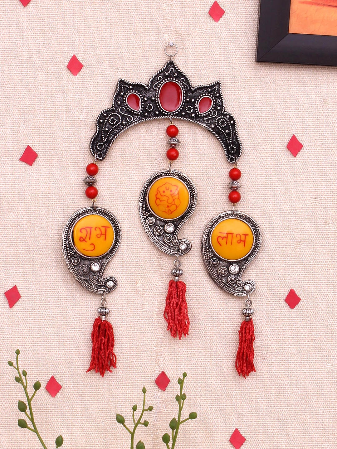 

Home Sparkle Yellow & Red Aluminium Shubh Labh With Ganesha Toran For Wall Hanging